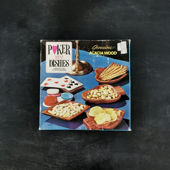 Vintage Acacia Wood Poker Night Mini Serving Dishes Original Box - Picture 1 of 6